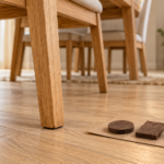 Деревянная ножка стула и отдельные образцы защитных накладок на картоне рядом